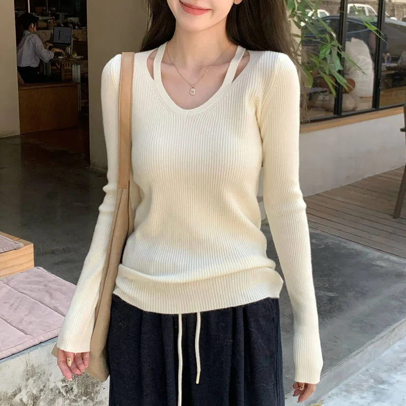 ملابس النساء محبوك سترة النساء بالأزرار جديد سليم كم طويل الخامس الرقبة الأبيض متماسكة سترة سترة النساء بلايز البلوزات Q2070