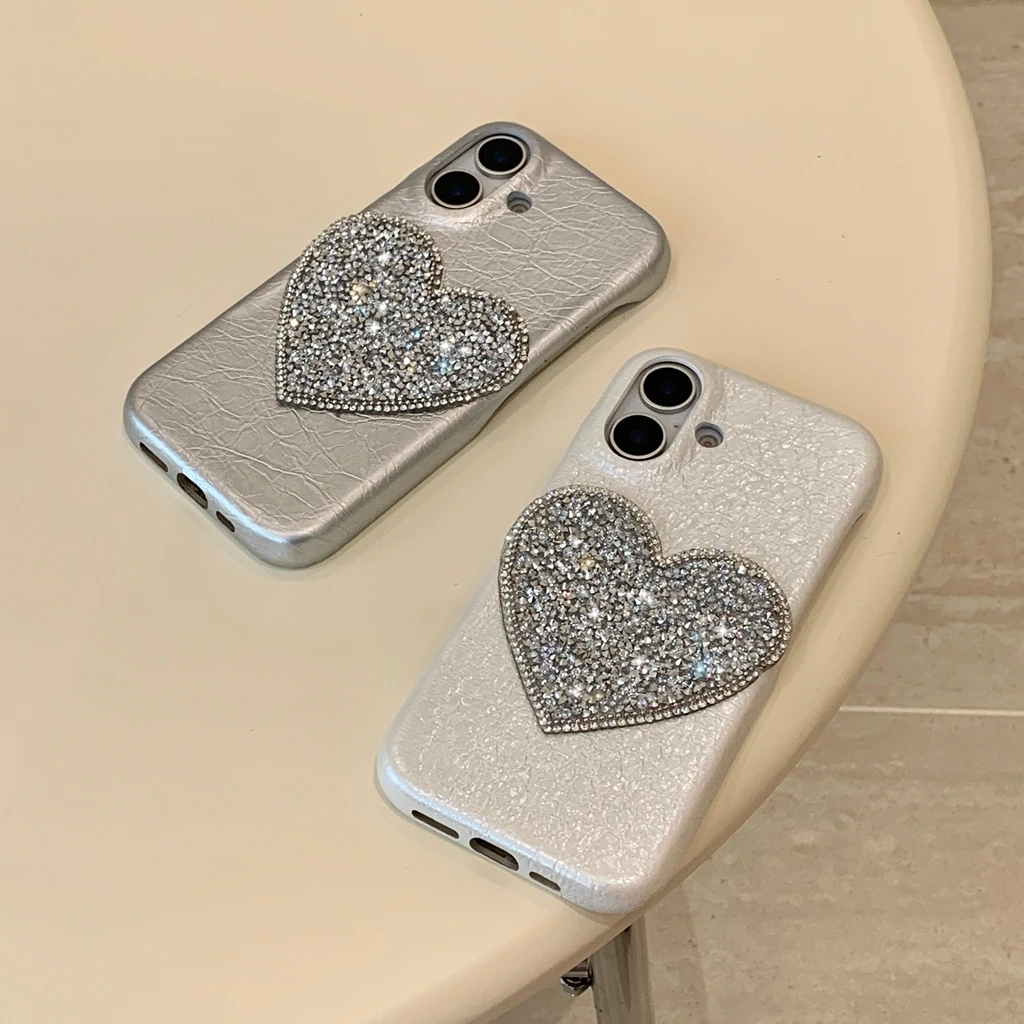 Stylish Stereoscopic Rhinestone Big Love Heart Leather Shockproof Protective Cover Case for iPhone 15 14 13 12 11 Pro Max