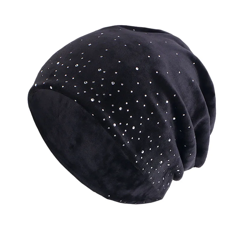 New Women Rhinestone Decor Velvet Slouchy Beanie Baggy Hat Solid Color Elastic Skull Cap Lightweight Warm Beanies Chemo Cap