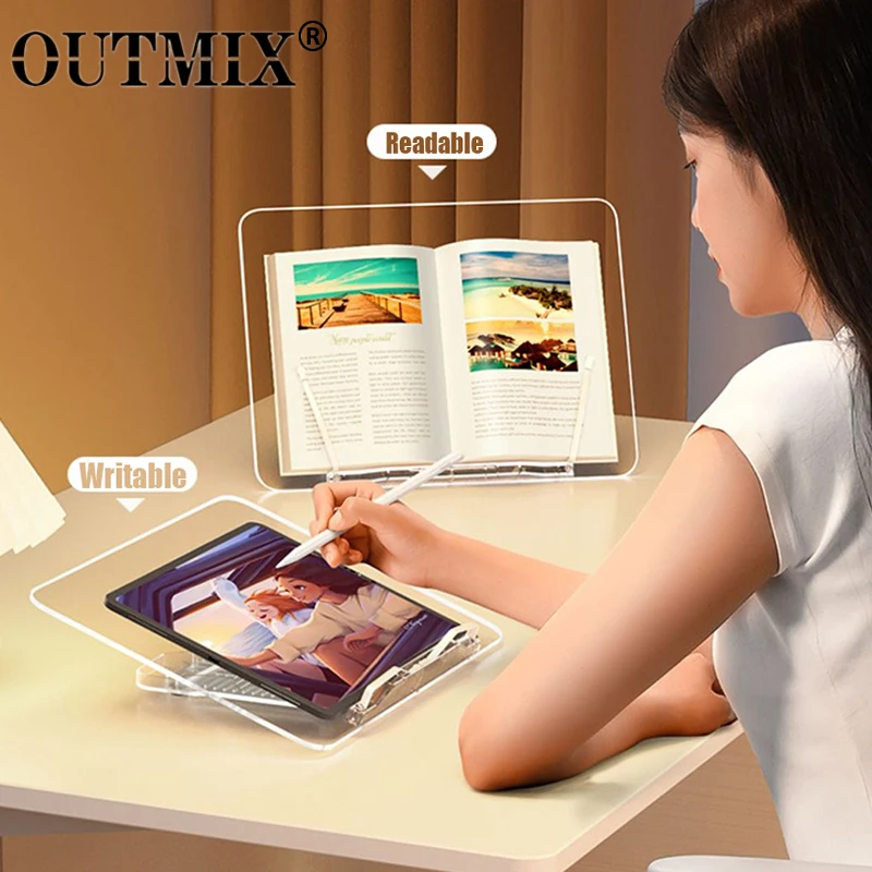 OUTMIX-Soporte de acrílico transparente para lectura de libros, soporte ajustable para iPad, tableta, portátil, escritorio