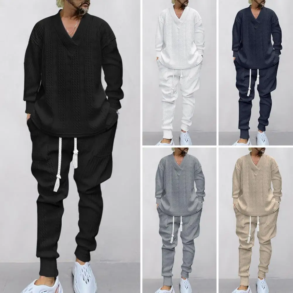 Long-sleeve V-neck Top Trousers Set Men's V-neck Long Sleeve Sportswear Set with Elastic Drawstring Waist Sweatpants for Active