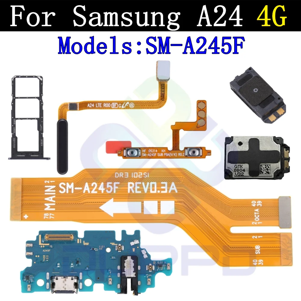 Top Ear Loud Speaker SIM Card Tray Charging Port Board For Samsung A24 4G A245F Fingerprint Sensor Volume Motherboard Flex Cable