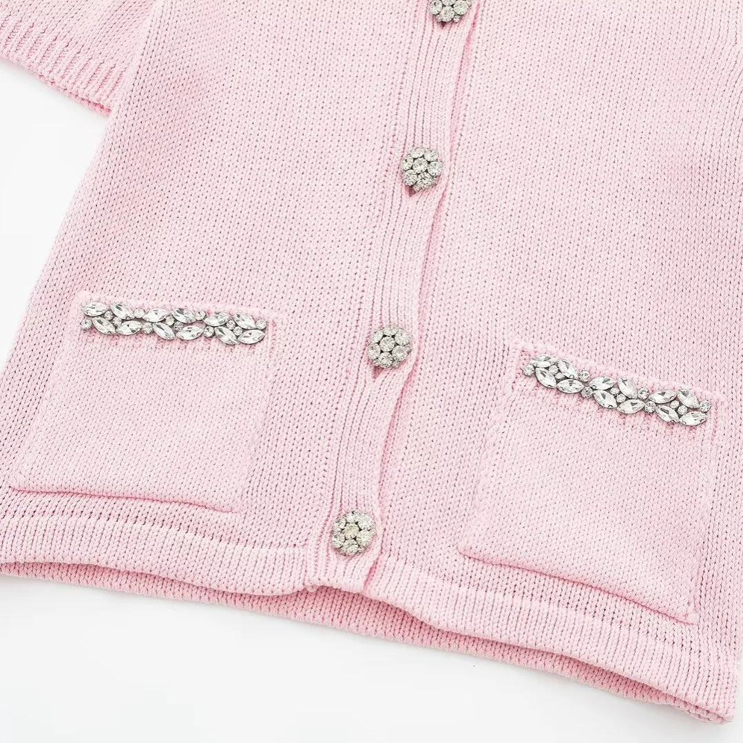 Women\'s Rhinestone Plain Knitted Cardigan