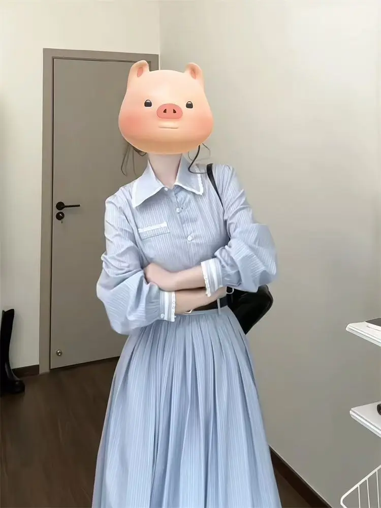 Blauw Gestreepte Polo Kraag Zoete Preppy Stijl Elegante Casual Vrouwen Lange Shirts Jurken Button Up Geplooide Jurk High Street Fashion