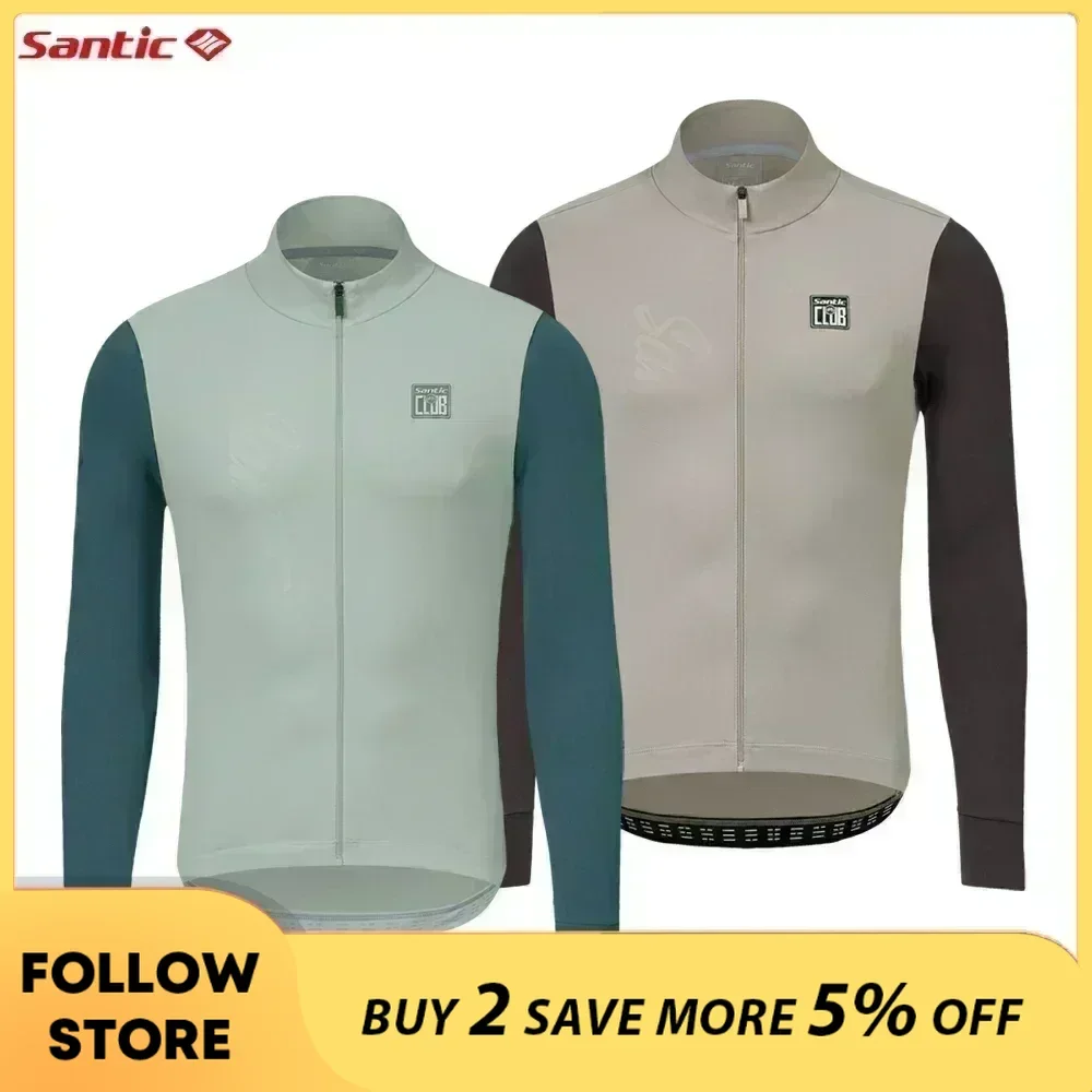 Santic camisa de ciclismo masculina outono inverno lã térmica roupas bicicleta ao ar livre à prova vento zíper completo manga longa equitação topos