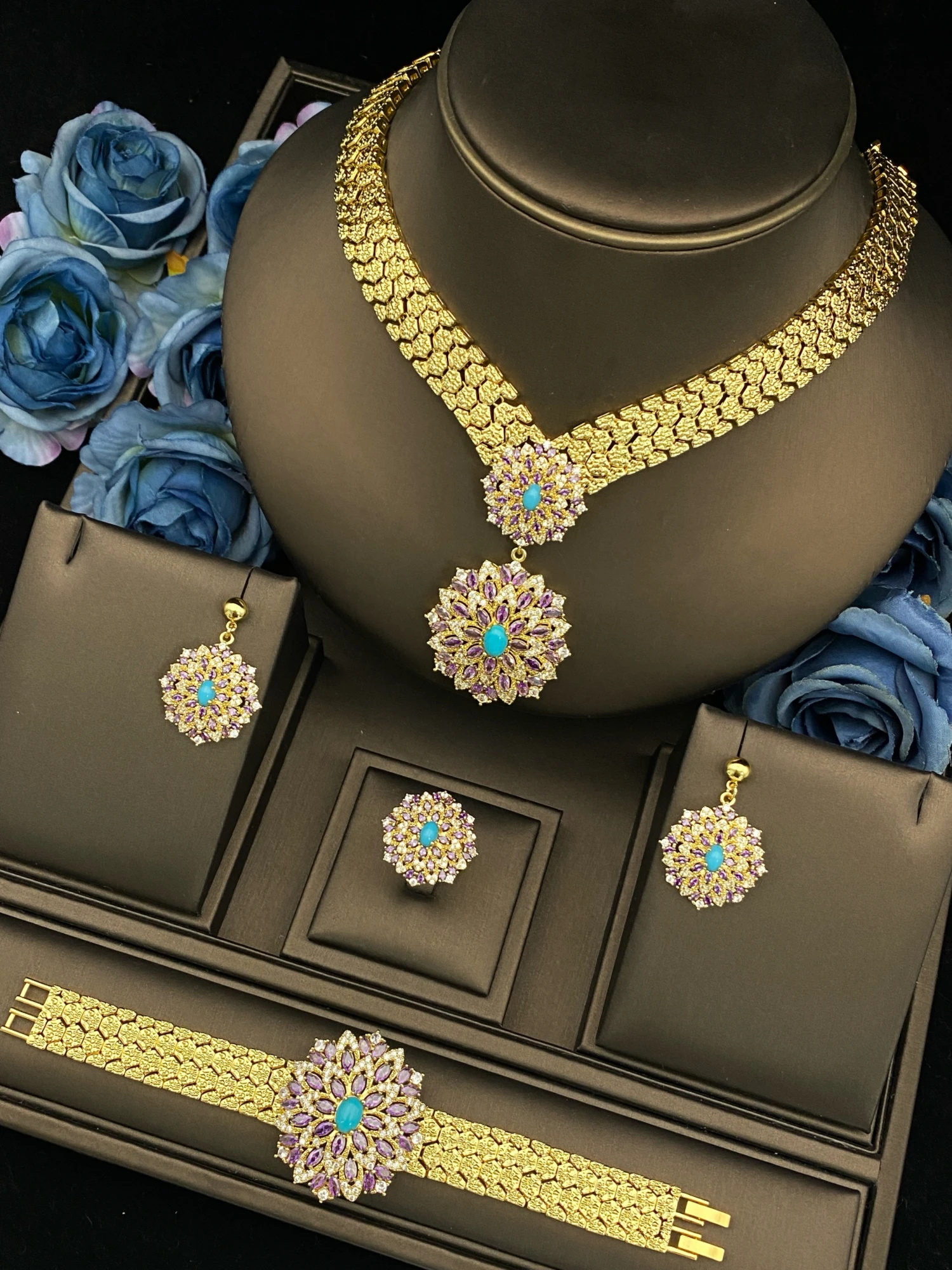 

JRH Luxury Women's Jewelry Set Artificial Zircon Gold Plated Copper with Necklace Earrings Bracelet Ring Imitation Saudi Style