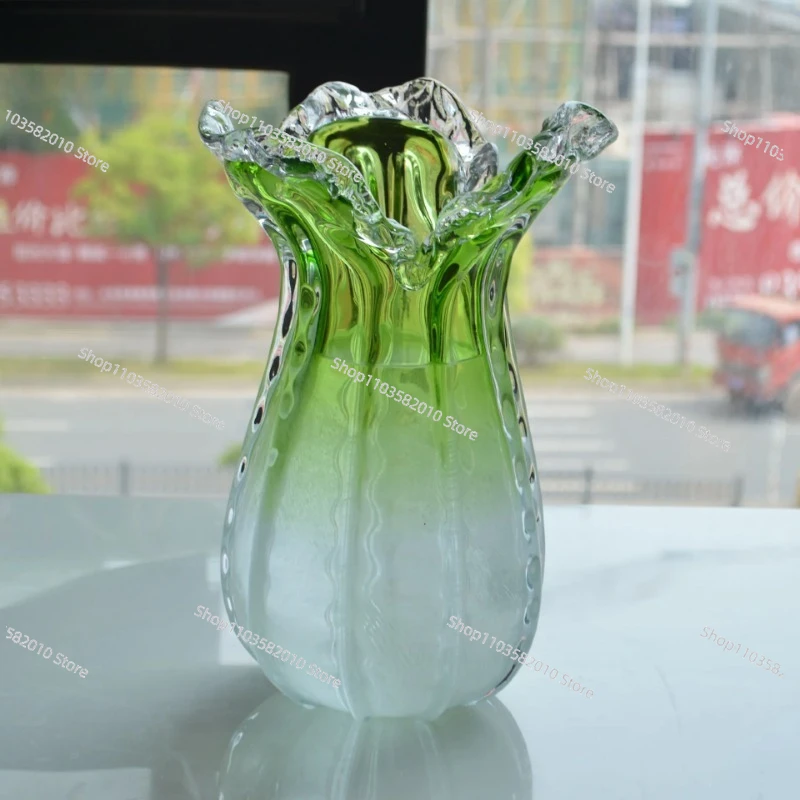 

Ваза из выдувного художественного стекла ручной работы «Форма капусты» - Постепенное изменение цвета в зеленую гамму, Уникальный органический декор