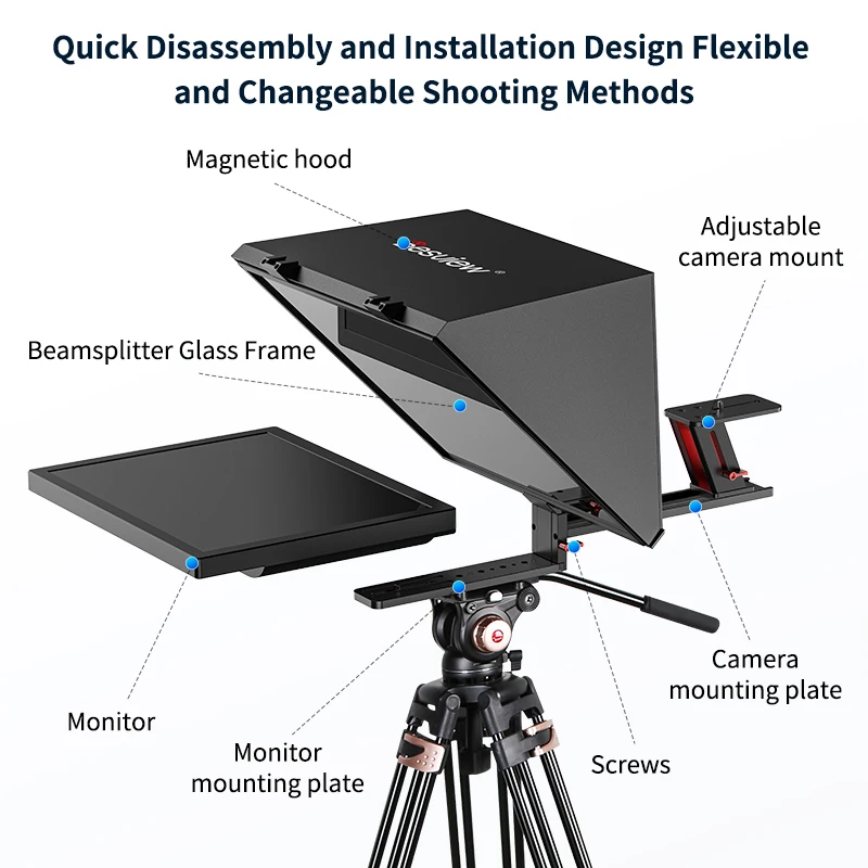 Desview T20 Teleprompter Teleprompter Profissional de 20 polegadas com Caixa de Alumínio para Estúdio Streaming Webcasters e Youtubers