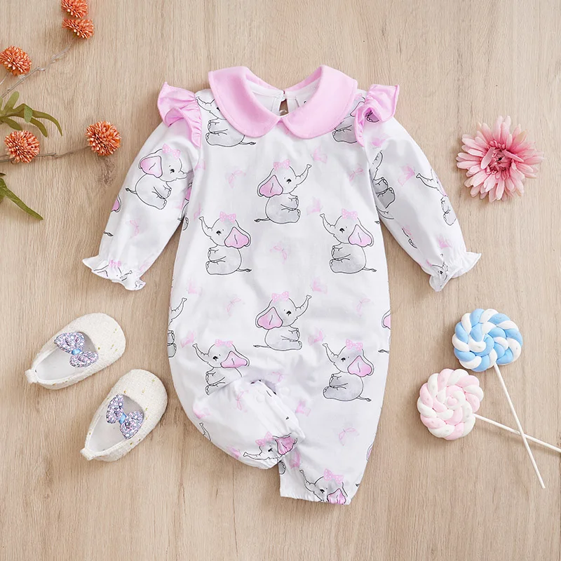 Baby Jumpsuit Cute Cartoon Butterfly Elephant Print Cotton Comfortable Spring And Autumn Long Sleeved 0-18m Newborn Clothes