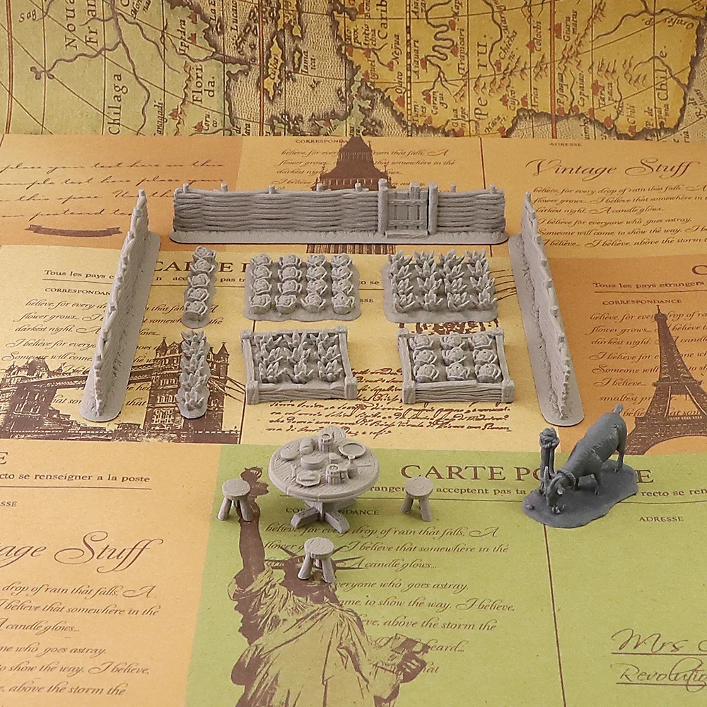 Unpainted Village Farm Terrain Set Tabletop Fantasy Wargame RPG Scenery Miniature Accessory with Fences & Garden Crops