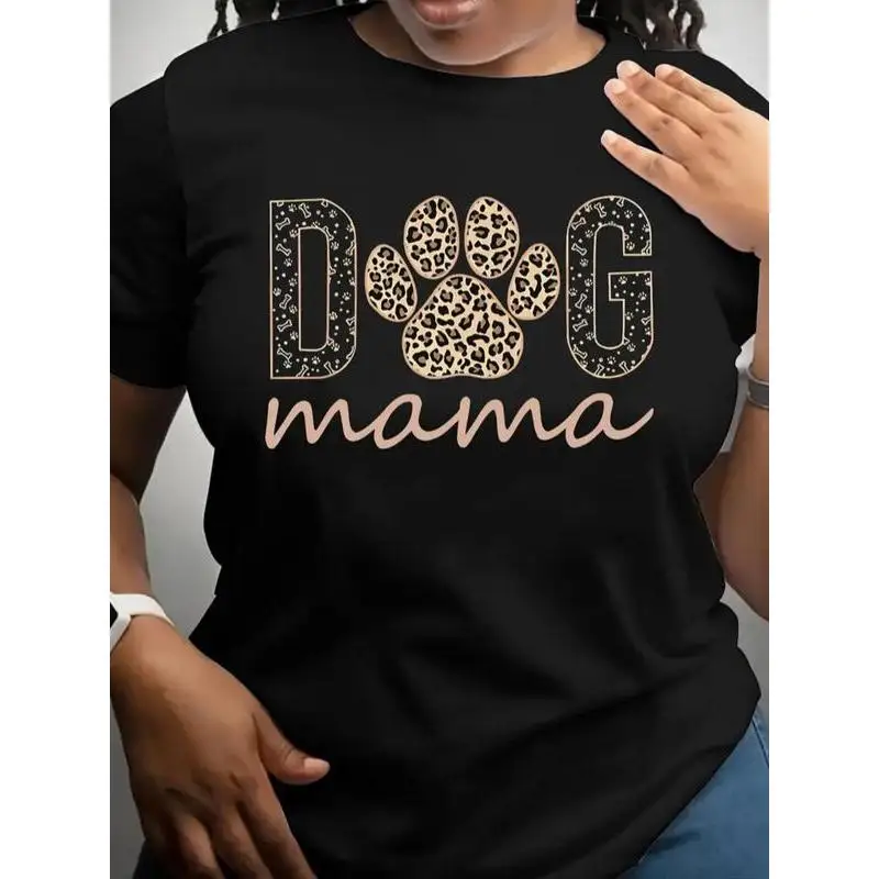 

Dog Mama T-Shirt Leopard Paw Print Graphic Tee Casual Loose Fit Top for Pet Lovers, Dog Moms or Gift Idea S-3XL