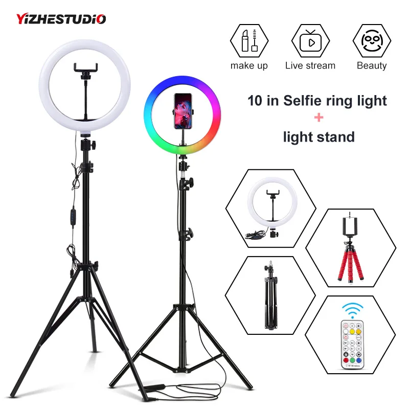 Yizhestudio 10in Selfie lampa pierścieniowa ze statywem możliwość przyciemniania LED lampa pierścieniowa z uchwytem telefonu wtyczka USB do Live streamingu Video