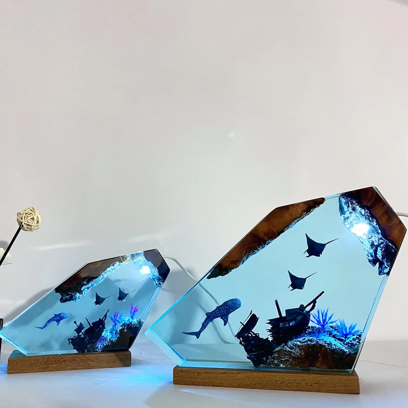 樹脂ランプ海テーマナイトライトクリエイティブアート装飾クジラ難破船風景テーブルランプ USB 充電