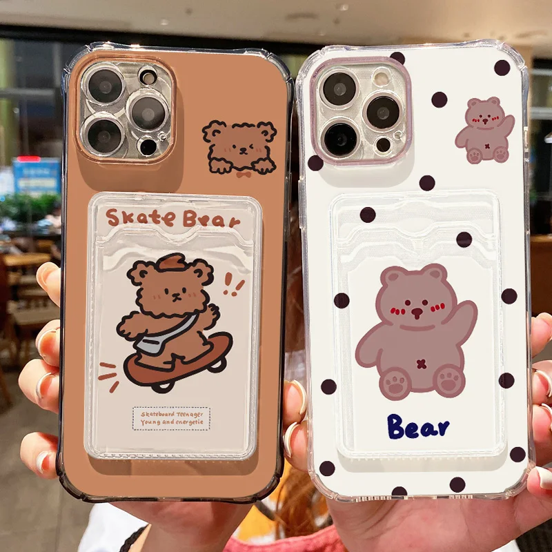 Cute Bear Phone Case For iPhone 15 Case for iPhone 11 12 13 14 16 15 Pro Max 7 8 Plus XR X XS SE Soft Card Bag Transparent Cover