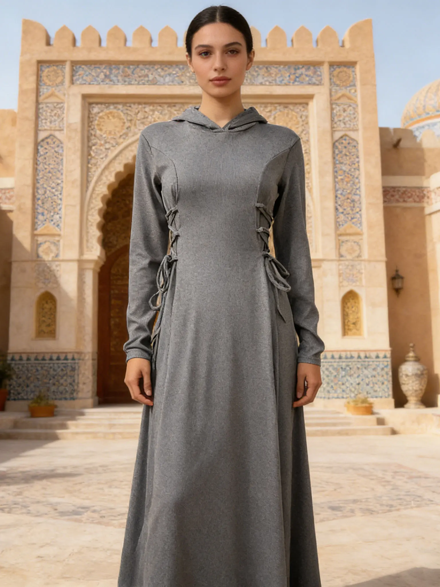 

Серая Абая с капюшоном и боковой шнуровкой, облегающее платье макси, женский мусульманский марокканский кафтан, Рамадан Джалабия, ислам, Дубай, арабский