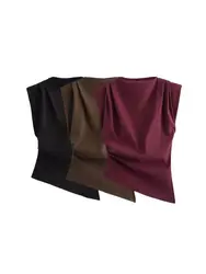 TRZA-Women's Asymmetric Blouses with Shoulder Pads, Sleeveless, Back Zipper, Female Shirts, Chic Tops, Fashion