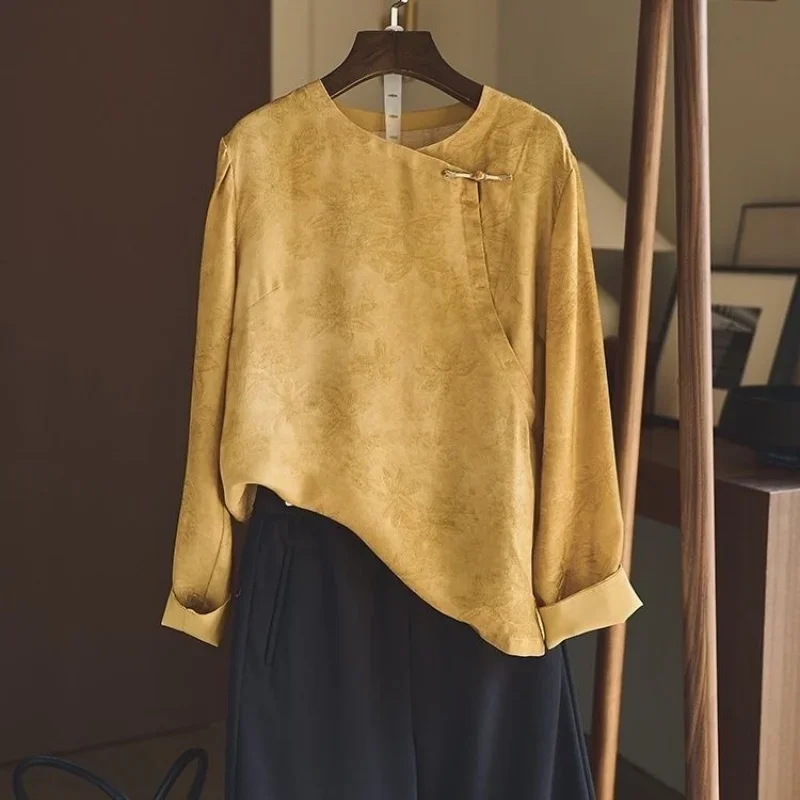

Limiguyue, весенне-осенняя китайская блузка с длинными рукавами и лягушкой на пуговицах, свободная рубашка с круглым вырезом и принтом, женский золотой жаккардовый топ, винтажный T277