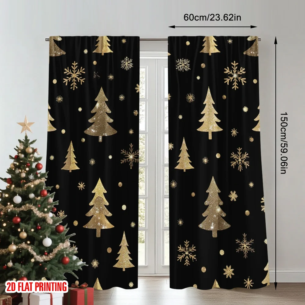 2 قطعة 2D الطباعة المسطحة ستائر الحفلات الذهب أشجار عيد الميلاد الثلج الرقمية المطبوعة البوليستر الستائر الأسرة الطرف استخدام ل #2
