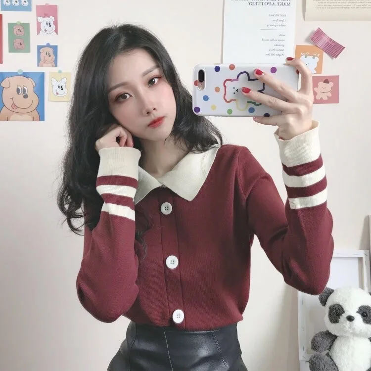 Cute Peter-Pan Neck Contrast Pullover Sweater Women Elegant Black Beige Red White Knit Wear Spring Autumn Long Sleeve Button Top