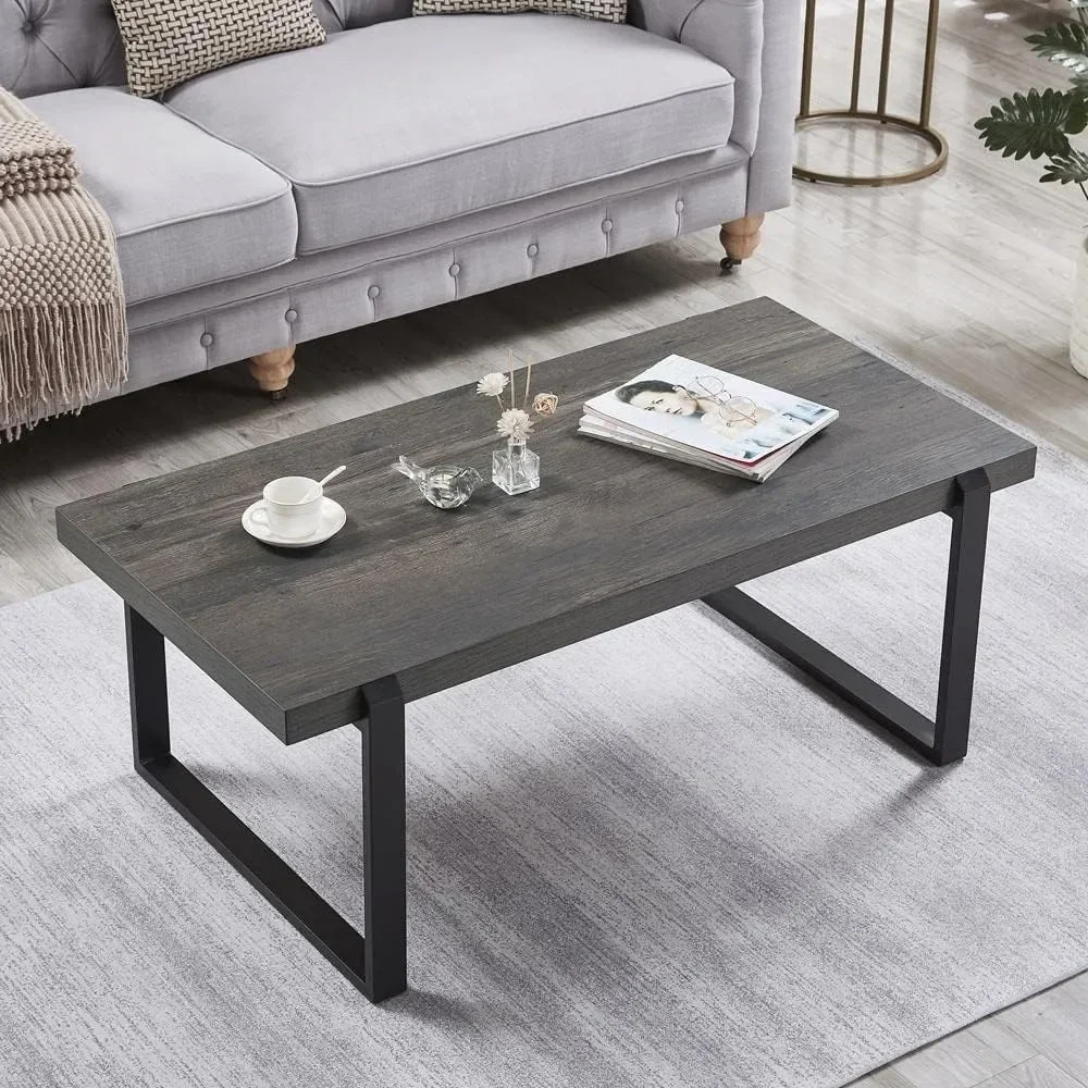 Coffee table, Modern wooden metal living room coffee table, rectangular gray cocktail coffee table