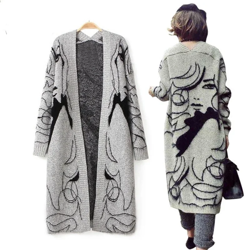 

2024 Autumn Winter Abstract Fashion Women Long Sleeve Loose Knit Cardigans Sweater Knitted Female Wool Blend Cardigan Pull Femme