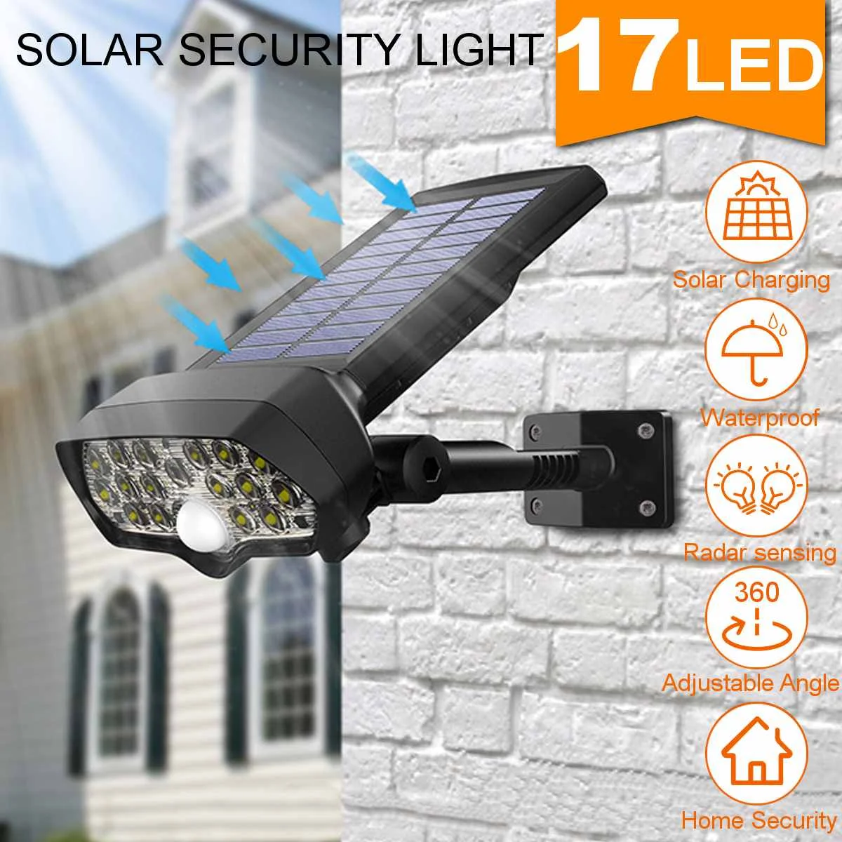 ไฟโซลาร์เซลล์ LED 17 ดวง สำหรับภายนอกอาคาร ไฟติดผนัง พร้อมเซ็นเซอร์ตรวจจับความเคลื่อนไหว ไฟถนนโซลาร์เซลล์ LED สำหรับสวน