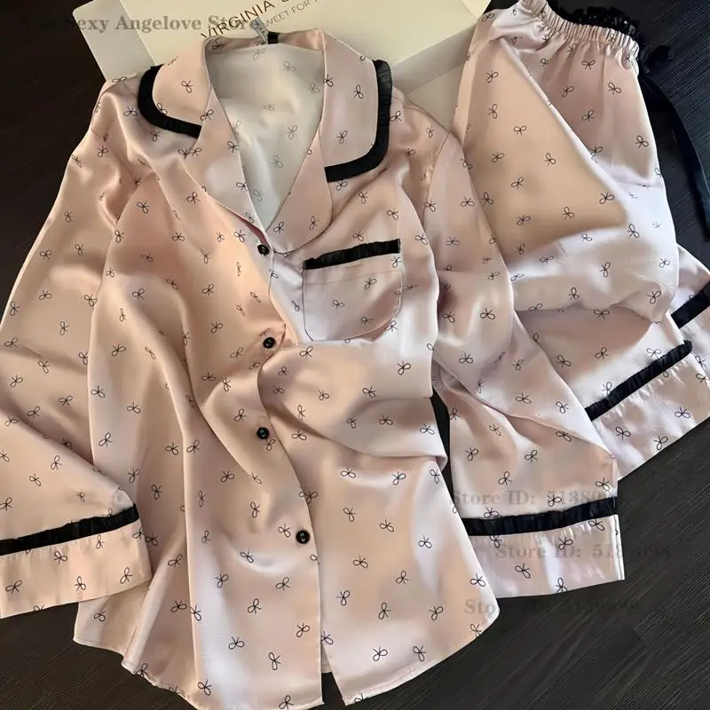 

Новый комплект женской пижамы из ледяного шелка с принтом Sweet Bow, весна-лето, для сна и дома, с длинными рукавами, 2 предмета
