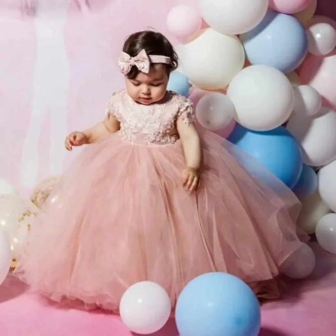 

Pink Flower Girl Dresses for Wedding With Bow Lace Appliques Baby Girl Prom Gown for Photoshoot First Communion Gown Customized