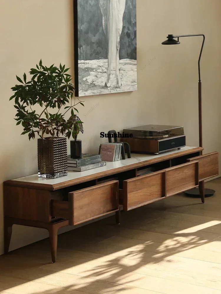 

Комплект мебели для гостиной YLight: Тумба под ТВ и журнальный столик из черного ореха с каменной столешницей, минималистичный стиль, массив дерева, полный комплект