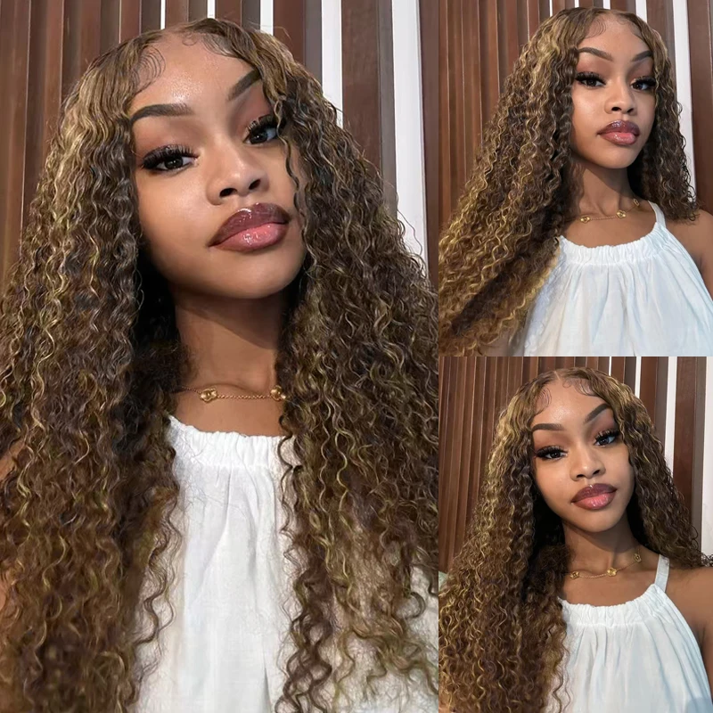 36インチ ハニーブロンド 13x4 ディープウォーターウェーブ レースフロントウィッグ 人毛 4/27 ハイライト 透明レースフロント カールウィッグ 女性用