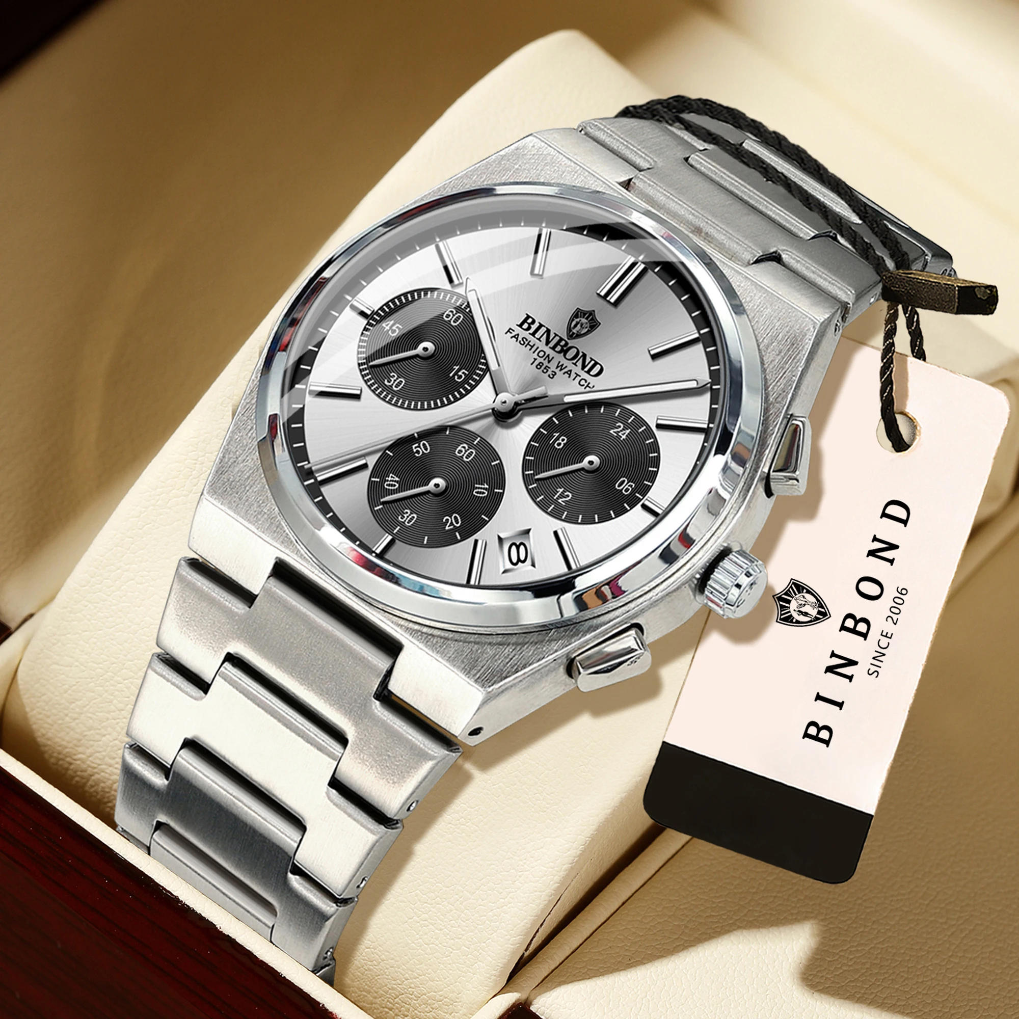 BINBOND Men Pilot Quartz Watch Three-Eye Chronograph Fashion Luminous Waterproof Business Casual Wristwatch Reloj Masculino