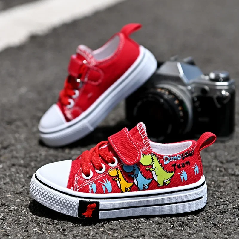 Student casual shoes children's canvas shoes fashionable boys and girls sports shoes cartoon dinosaur pattern kids and non-slip