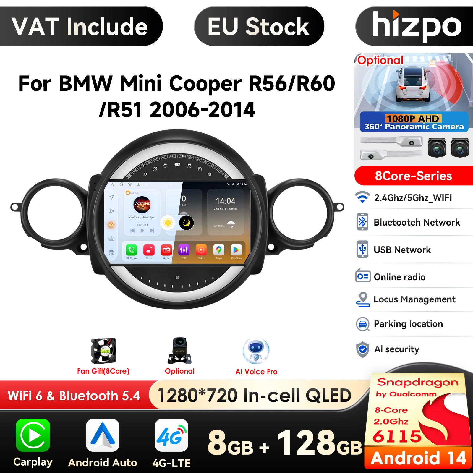Hizpo 9'' Carplay 4G Android Autoradio für BMW Mini Cooper R56 R60 R51 2006-2014 Multimedia-Videoplayer mit KI-Intelligenten Systemen