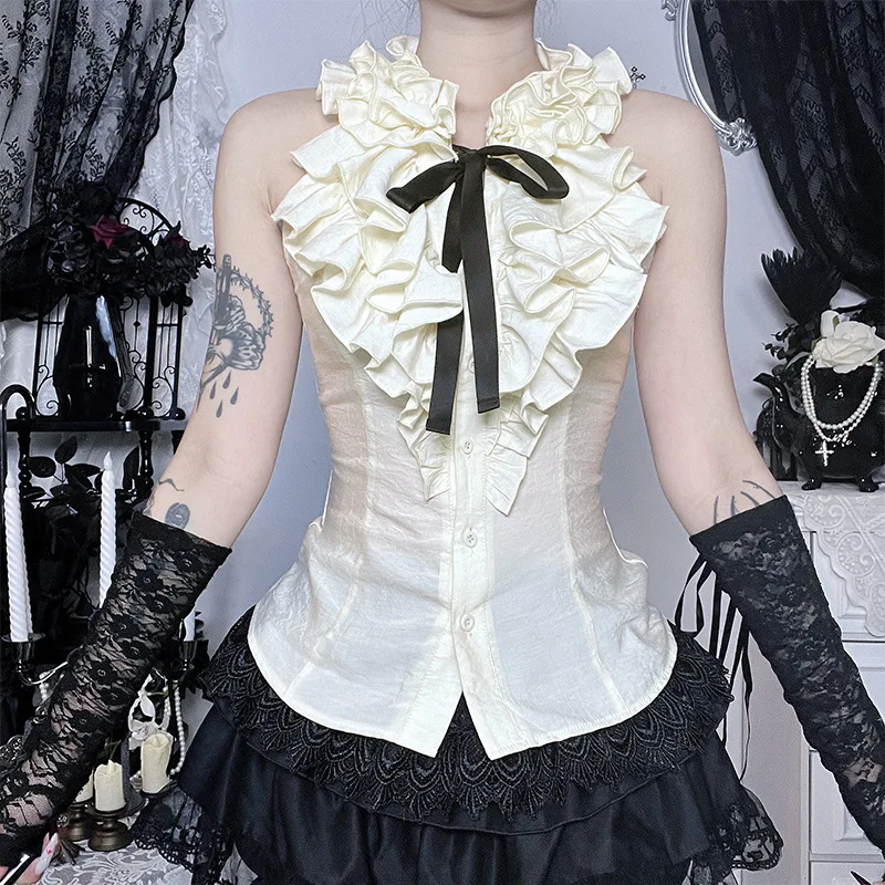 

Летний французский винтажный топ в стиле Y2K готика для женщин: элегантный облегающий жилет без рукавов с рюшами и бантом в придворном стиле