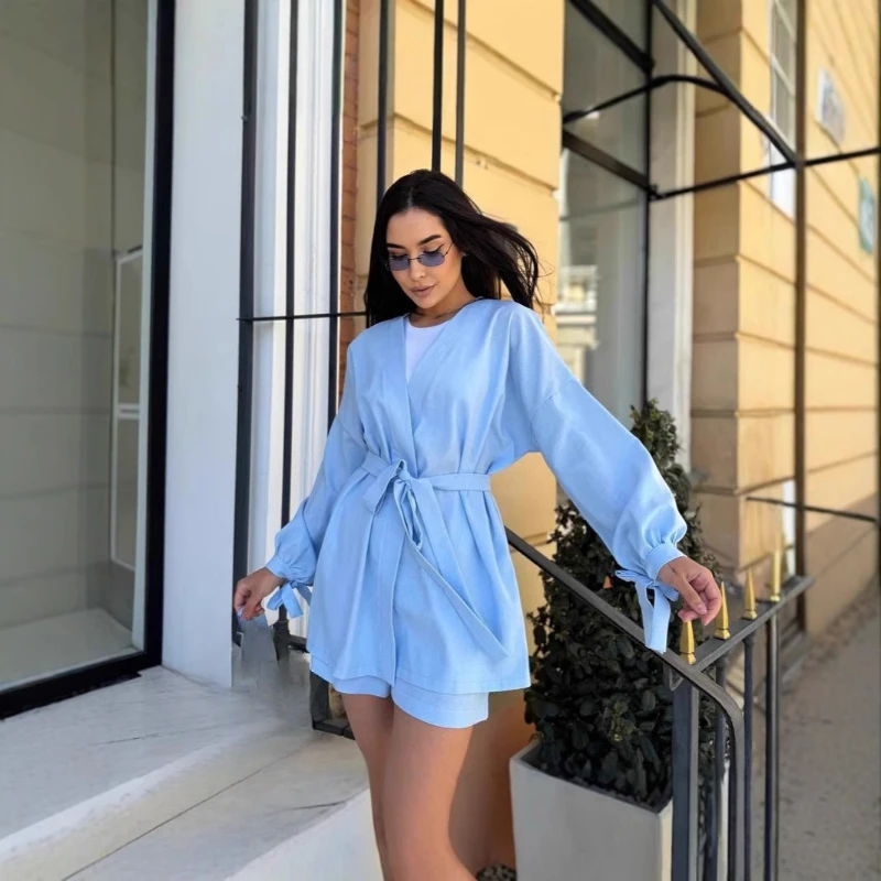 

Европейский и американский трансграничный весенне-осенний топ на шнуровке, модные повседневные свободные шорты с высокой талией, комплект из двух предметов