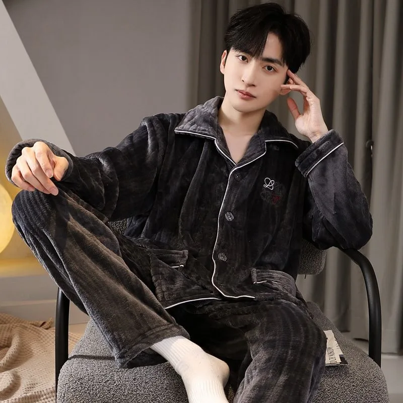 2023 New Men Pajamas Autumn Winter Warm Homewear Young People Can Wear Flannel Sleepwear Thicken Loose V-neck Warm Loungewear