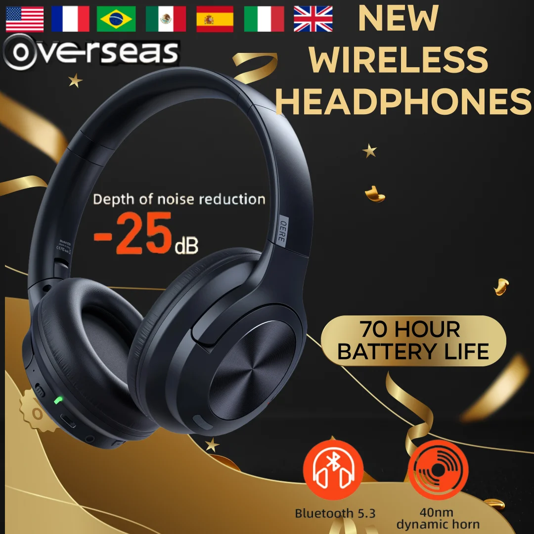 New Wireless Headphones Earphone Bluetooth  Anc Noise Cancellation Hi-res Audio Over The Ear Headset 70h 40mm Driver 2.4g Gift