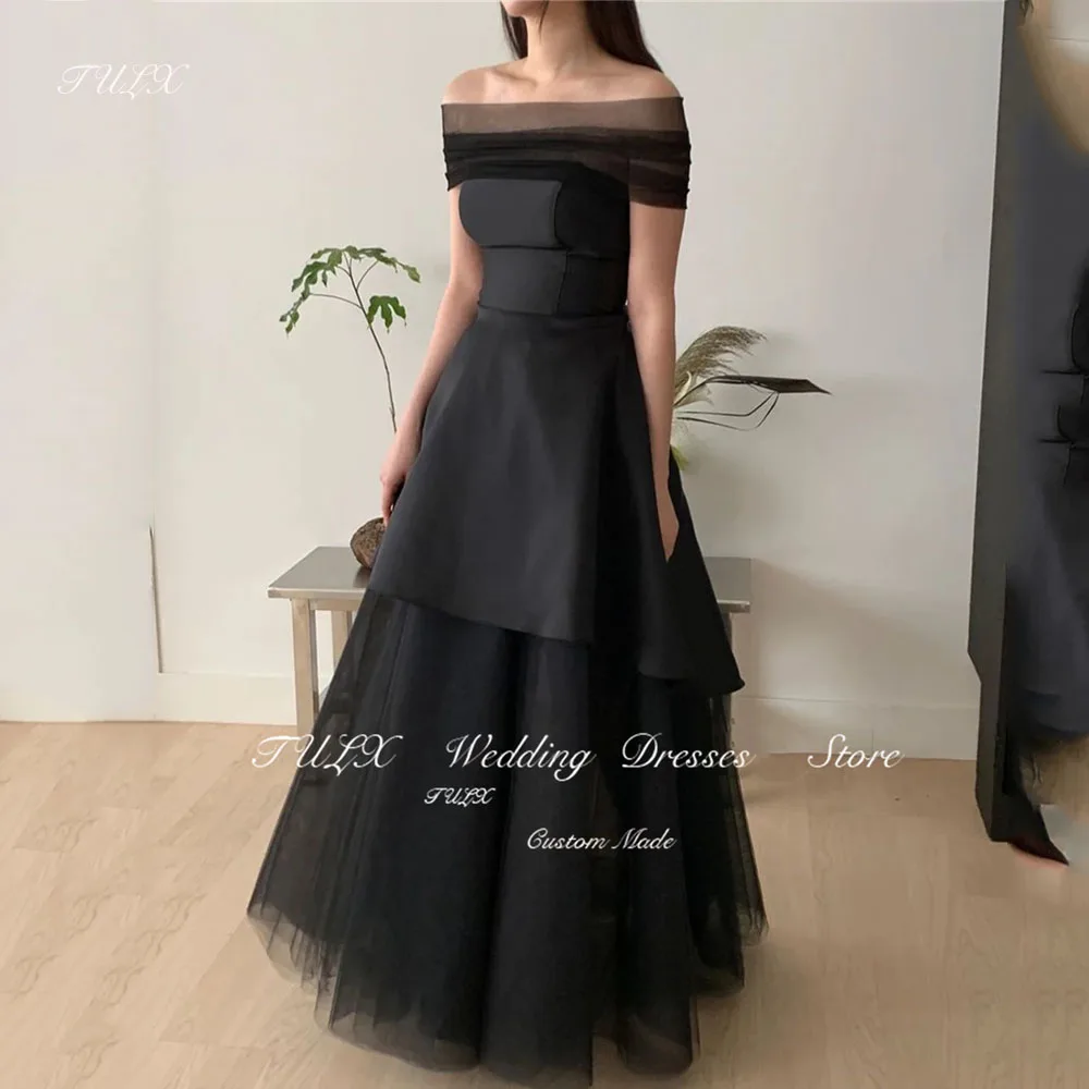 TULX Off Shoulder Tulle Shawl Evening Party Dresses Black Korea Satin Tiered Simple Elegant Women Formal Gowns Event Prom Gowns