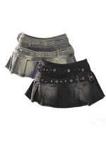 Women's Denim Skirt with Studded Belt Low Rise Pleated Mini Skirt Blue Black Jean Skirts Alt Girls Y2K Punk 90s - Image 6
