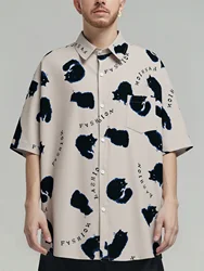 Oversized Loose Cartoon Cat Prinr Hawaii Short Men Shirt Casual Man American Printing Summer Versatile Couple Streetwear