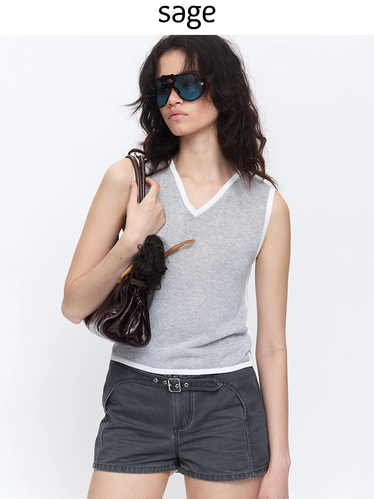 

Sagestudio Grandma Flower Grey Contrast Color V-neck Vest Cotton Women's Fashion Mid-century Style Spring Outerwear