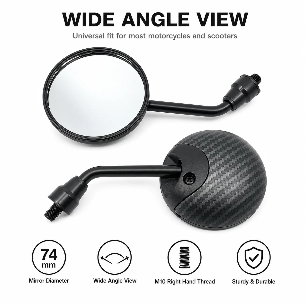 Matte Carbon Fiber Black Round Rear View Mirror Universal M10 Thread Motorcycle Electric Bike Mod Accessories