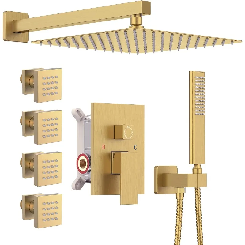 

Iriber Brushed Gold Rain Shower System with 4 PCS Body Jets 3 Function Shower Faucet Set Contain 12Inch Shower Head and Trim Kit