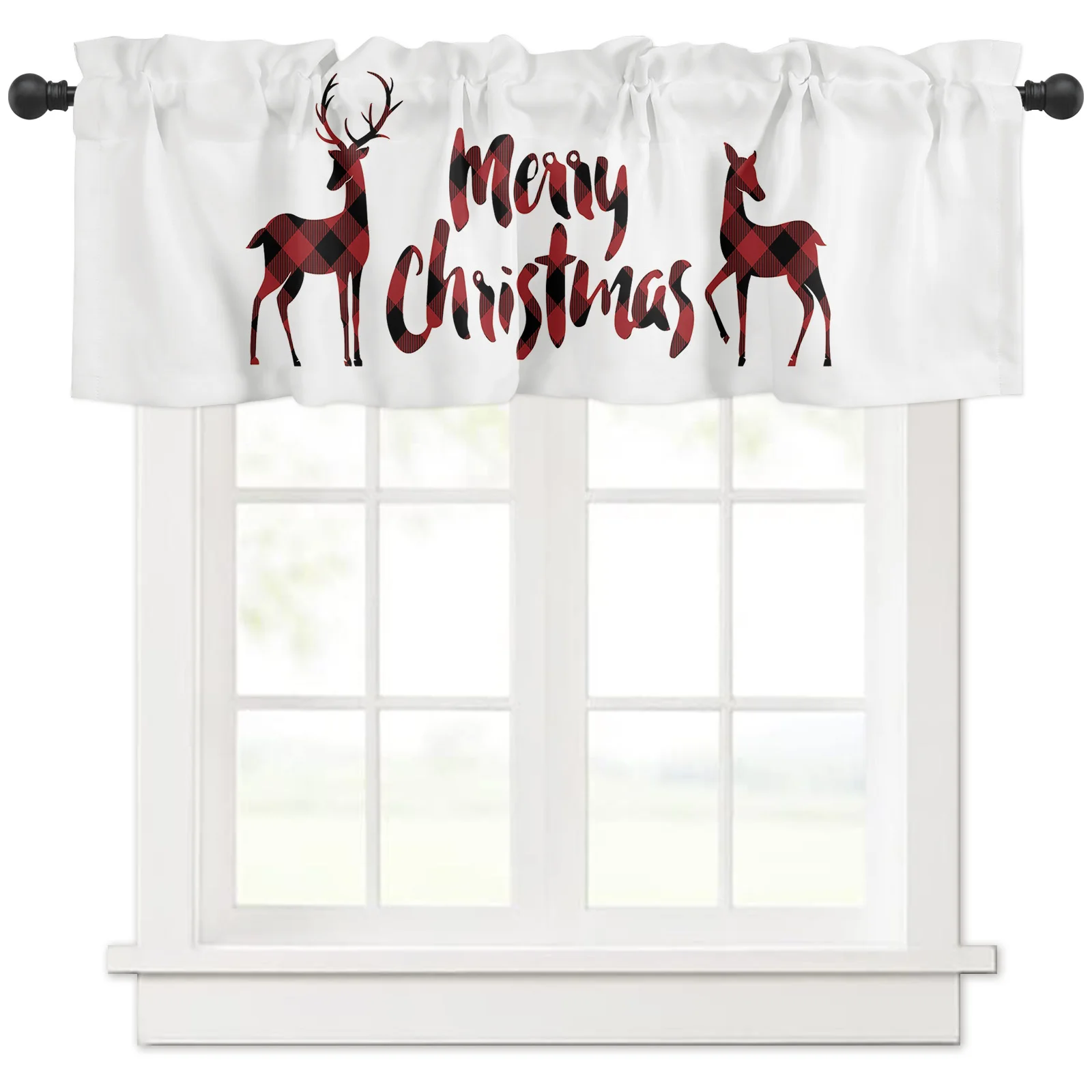 Valances for Windows Kitchen Living Room Small Window Valance Reindeer Merry Christmas Red Black Buffalo Check Plaid 1 Panel