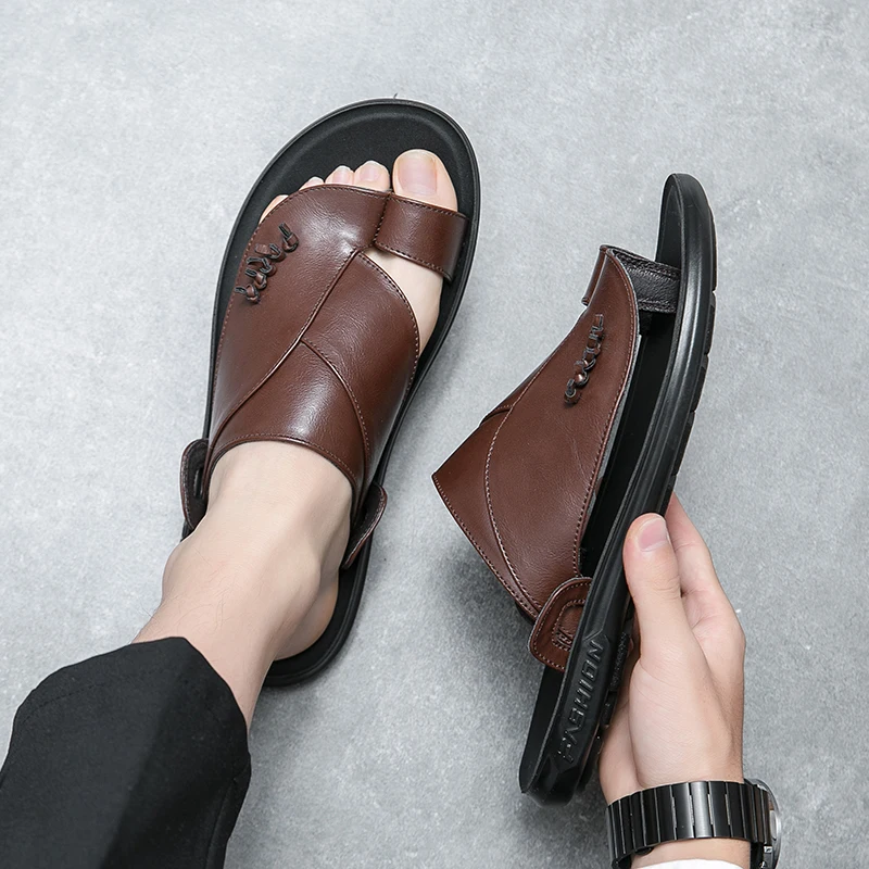 Summer Toe Sandals Genuine Leather Men Slippers Men Shoes 2023 New Slip on Casual Shoes Outdoor Mens Slides Comfy Beach Sandals