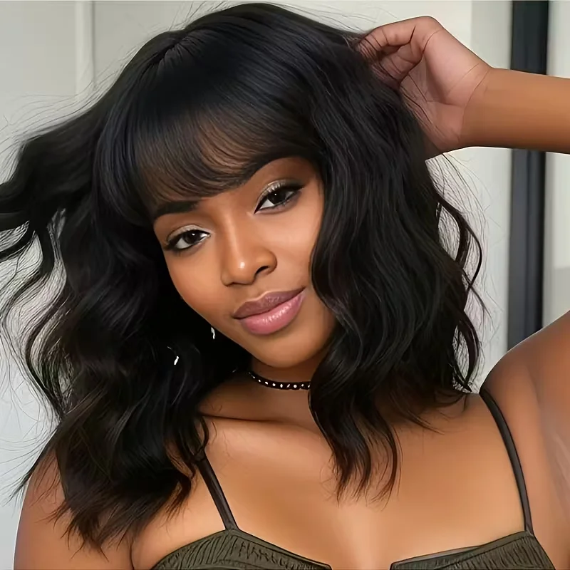 Body Wave Bob Wig With Bangs Short Full Machine Made Human Hair Wigs 220% Density Loose Body Wave Brazilian Natural Black Color image 5