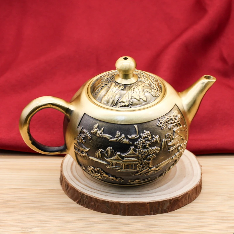 Chinese Large Capacity Copper Teapots Vintage Landscape Water  Kettles Tea Pot Heat-resistant Home Office Creative Ornaments