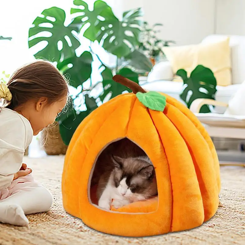 Halloween Pumpkin Cat Nest Autumn And Winter Warm Cat House Closed Cat Kennel Pets Halloween Pets Cave House Cave Bed supply