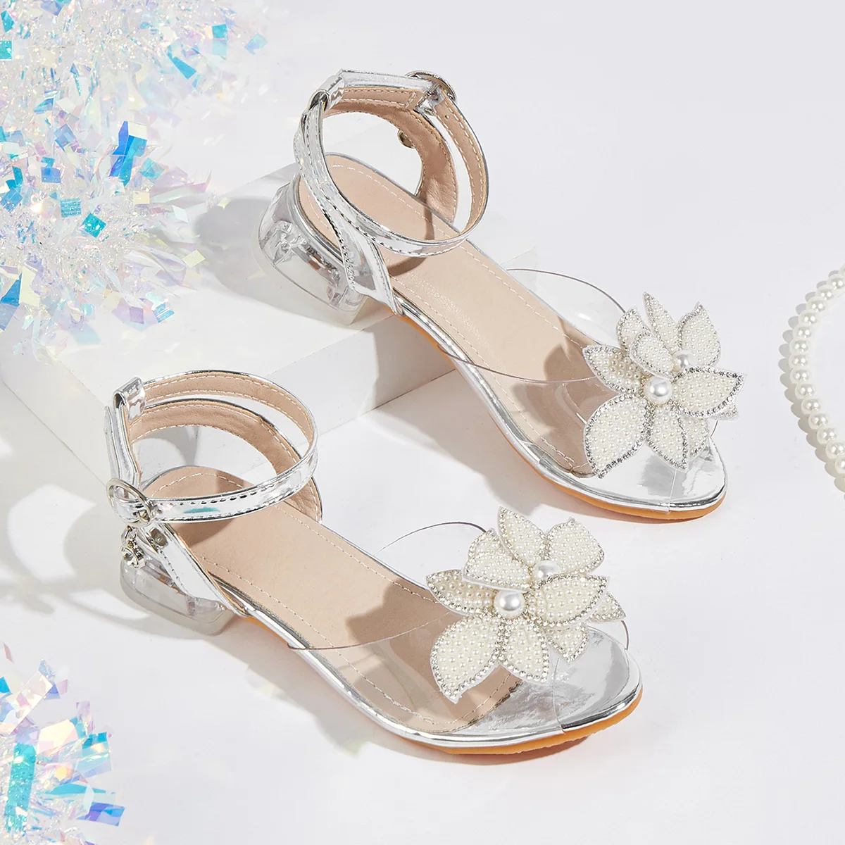 

2026 Spring Girls High Heel Sandals Flower Open-Toe Princess Shoes Soft Sole Anti-slip Comfortable Footwear for Kids Party Wear