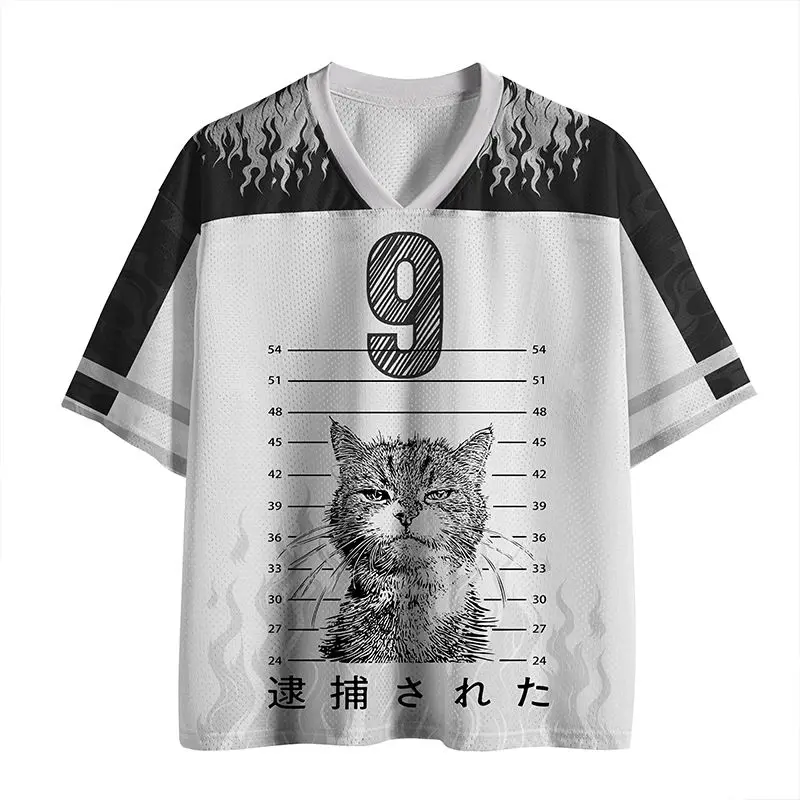Camiseta de ciclismo Y2K Cat con estampado de kanji japonés "arrested" de malla transpirable Super Street para niños y niñas